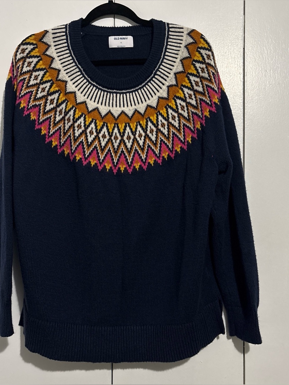 Old Navy Womens Fair Isle Crew Neck Sweater Blue Nordic Pullover size XL